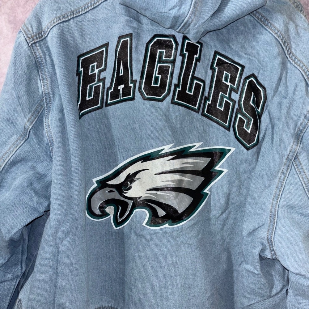 NWT NFL Philadelphia Eagles Blue Denim NFL Official Mens XL Heavy Hooded Jacket - Picture 3 of 8